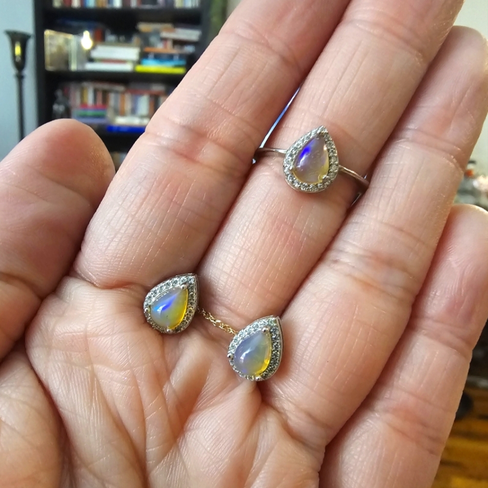 925 Silver Pear Cut Opal & CZ Ring and Stud Earrings Set